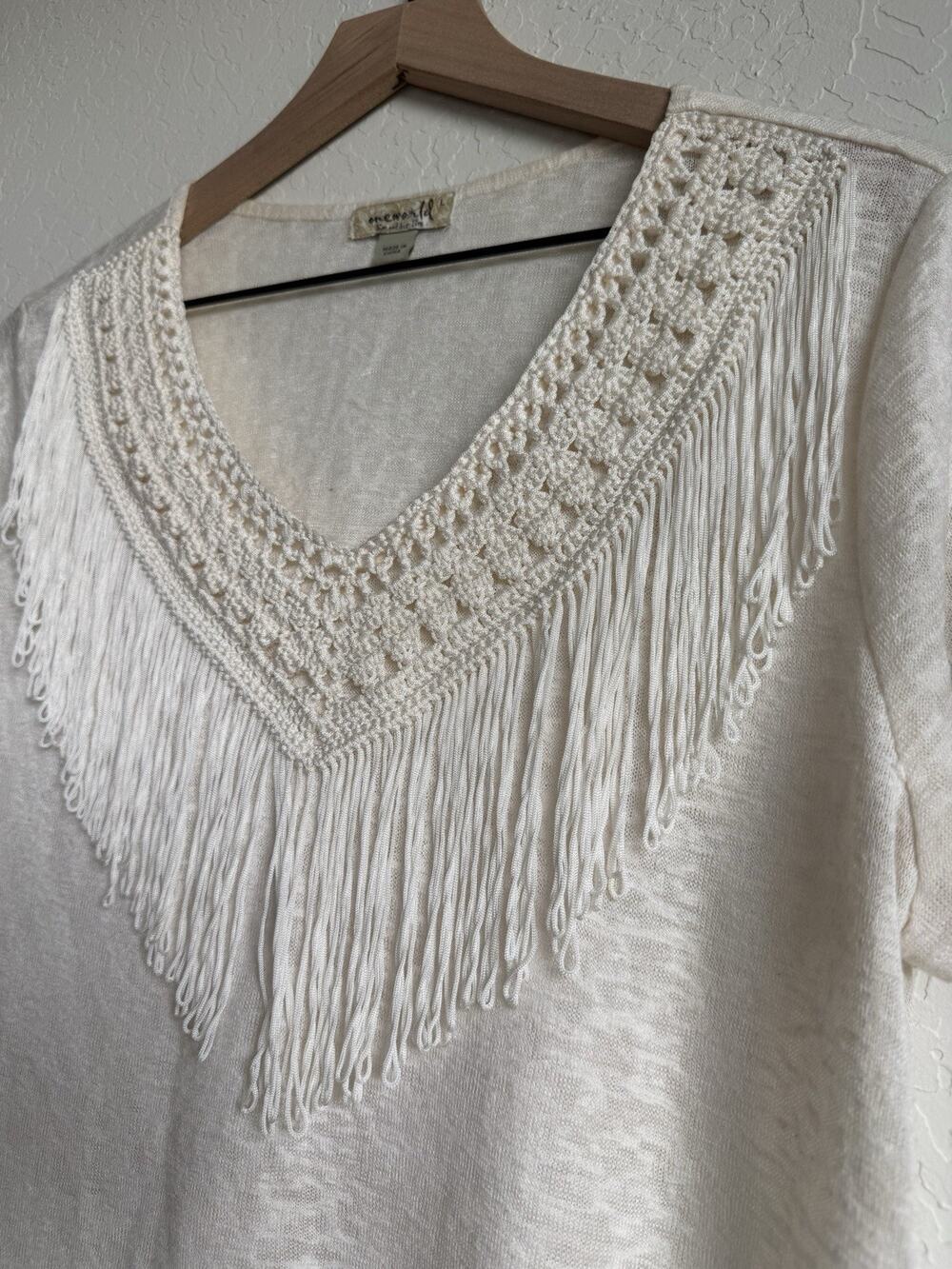 One World Fringe Crochet V-Neck Top Women’s Size Large Cream Boho Western